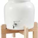 FillTouch Ceramic Water Dispenser Crock Water Dispenser with Wood Stand 304 Stainless Steel Faucet, Valve and Lid for 3 to 5 Gallon Jugs Porcelain Cooler Home Office Indoor Outdoor (White)