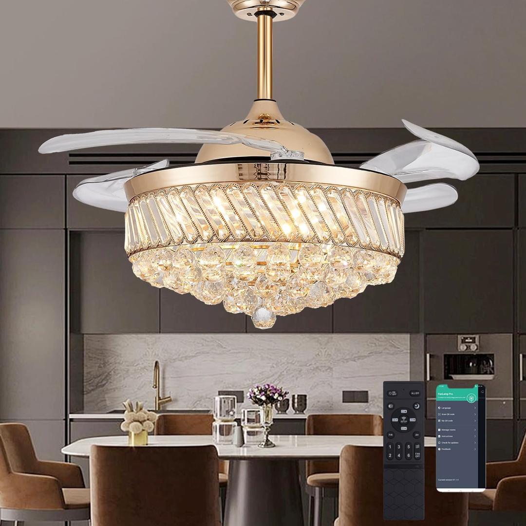 48" Dimmable Gold Fandelier Crystal LED Ceiling Fans with Lights and Remote Chandeliers Ceiling Fan for Bedroom,Dining Room,Living Room (Gold, 48 in)