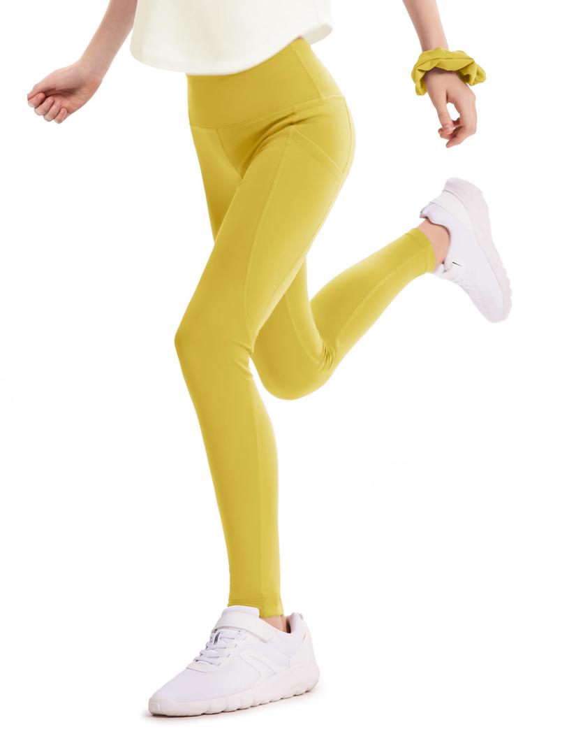 PATPAT Girls Athletic Leggings with Pocket, Buttery-Soft & Ultra-Stretchy Yoga Pants for Running Dance Workout Casual, Skinny-Bottom (Regular), Ginger, US12/L (Yellow)