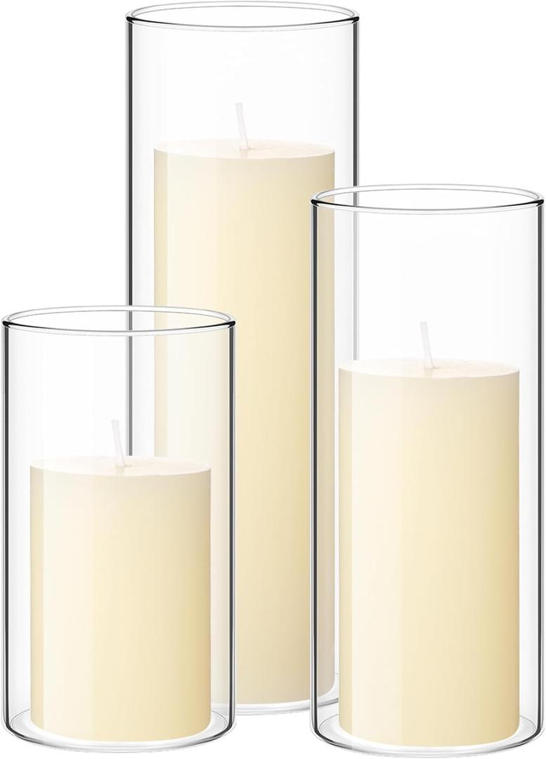 Shihanee Set of 3 Pillar Candles and 3 Glass Cylinder Candle Vases Holders Clear Pillar Jars for Wedding Centerpieces(2.6'' X 4.7'', 5.9'', 7.9'',Ivory White)