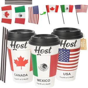16 oz CheerSleeve Host Cup, Celebrating World Soccer Tournament Hosts Canada Mexico USA, 120 Sets Disposable Paper Party Cups with Lids Straws Sleeves, Flag Themed Fan Event Decorations