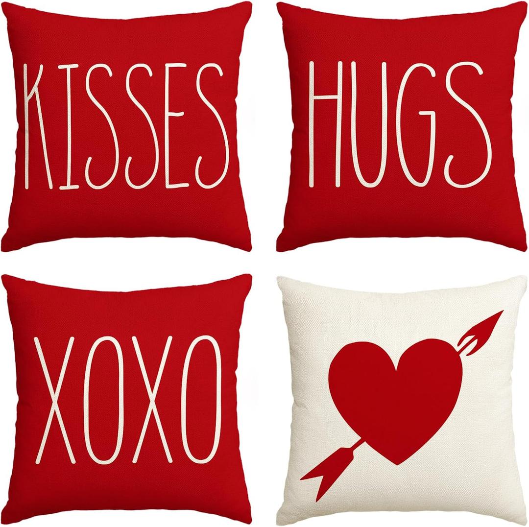 AVOIN Valentine's Day Saying Throw Pillow Cover, 16 x 16 Inch Holiday Kisses Hugs XOXO Love Heart Arrow Anniversary Wedding Cushion Case Decoration for Sofa Couch Set of 4 (Red)