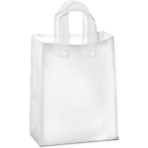 Purple Q Crafts Frosted Plastic Gift Bags 100 Pack 8" x 10" x 4" Clear Frosted Bags with Soft Loop Handles and Cardboard Insert, for Gifts Retail and More