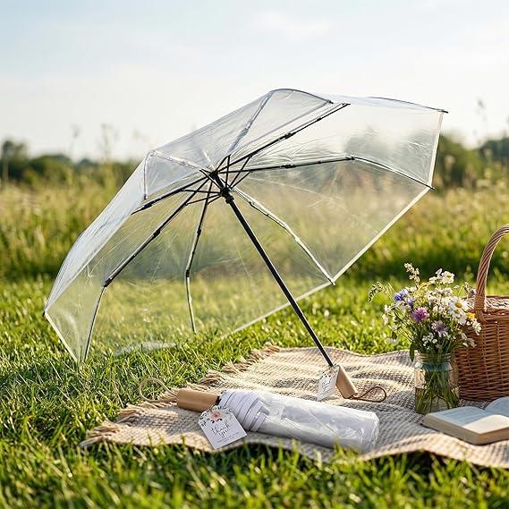 MEPIG 8 Pcs Transparent Folding Umbrella Bulk with Card for Wedding Clear Portable Foldable Umbrellas for Wedding Travel Dating