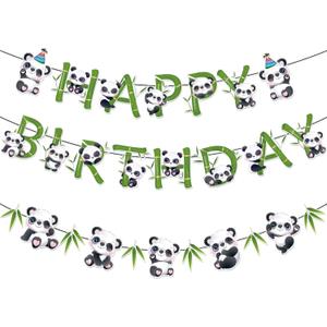 Zwiebeco Pandas Happy Birthday Party Decoration Green Black White Bamboo Leaves Sign Banner Hanging Paper Garland Bunting for Babys Kids Themed Accessories Supplies