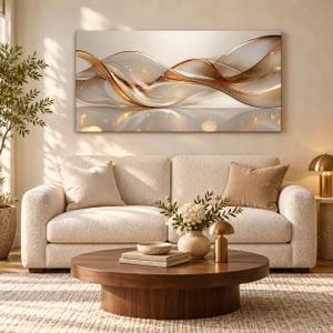Modern Large Living Room Canvas Wall Art Gold Abstract Lines Decor painting Picture Transparent Wave Neutral Posters Prints for Bathroom Bedroom Office Hallway Home Decoration, 48"L x 24"W