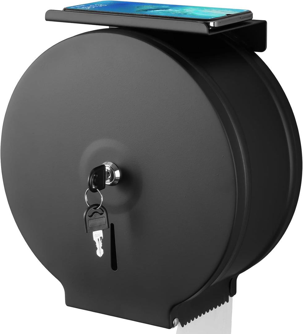 Commercial Jumbo Toilet Paper Dispenser with Shelf, Wall Mount Stainless Steel Roll Holder, Matte Black Toilet Tissue Dispensers