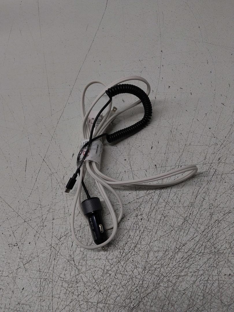 Fast Charging Car Charger with Coiled Lightning Cable for iPhone, iPad and Apple Devices, 1.5 ft - Black with Indoor Extension Cord - 6.2 Ft White 2-Prong Power Strip with 3 Polarized Outlets & Safety Slide Windows, 16/2 AWG, 13A/1625W for Home, Office Assortment