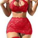Sexy Cutout Halter Underwire Sheer Mini Skirt Stocking Lingerie Set 4 Piece Outfits (Large, Floral Lace Red)