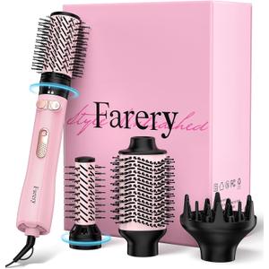 Farery 4-in-1 Rotating Blow Dryer Brush Set | Oval Volumizing Barrel, 1.5" & 2" Rotating Brushes, and Diffuser | All-in-One Hot Air Brush for Fast Drying, Volumizing, and Smoothing, Pink