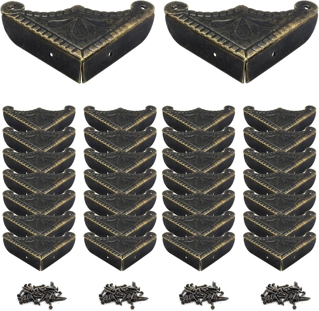 30Pcs Antique Box Corner Protectors, Decorative Edge Safety Guard Cabinet Furniture Corner Protectors for Jewelry Box and Wooden Case(1.9"x1.9"x0.4")