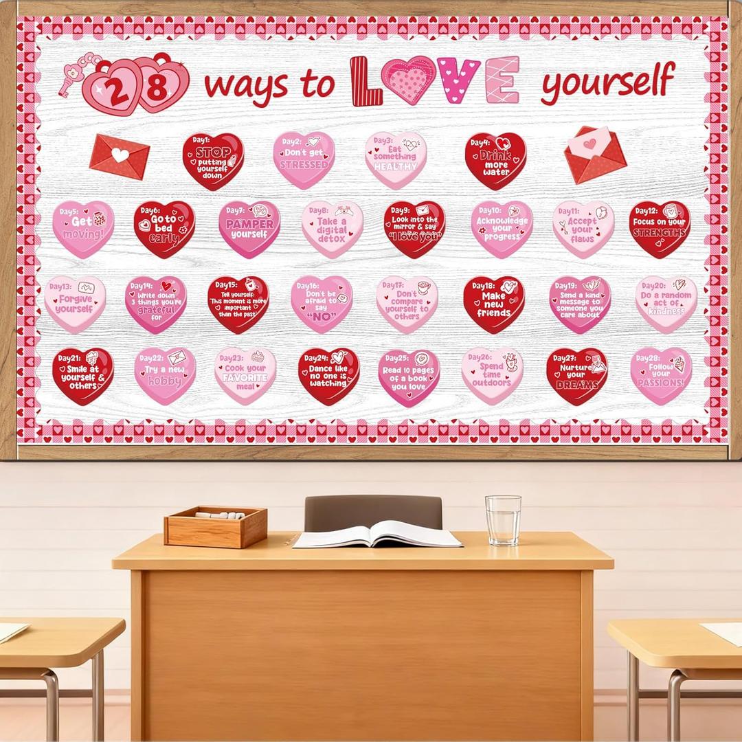 Valentines Day Bulletin Board Decorations - Shejdgart Valentines Day Classroom Decorations Set Red Pink Heart Love Yourself Paper Cutouts Bulletin Board Decor Door School Office Wall Decor Supplies