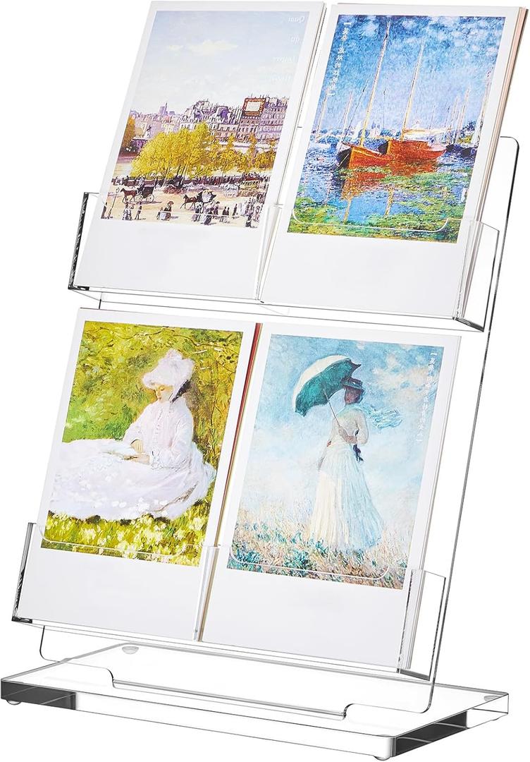 Acrylic Greeting Display 3.7'', 4 Slots Postcard Display Stand, Adjustable Sticker Stand, No Assembly Required, Photos Storage Greeting Card Holder for Business Vendor, Retail Store Shop