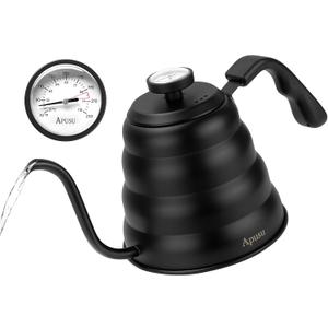 Tea Kettle with Thermometer Pot Black Stovetop Tea Kettle 40oz Gooseneck Kettle Teapot Pour Over Coffee Kettle with Thermometer,1200ml,5 Cup,Black,1Pack (1.3 Quarts)