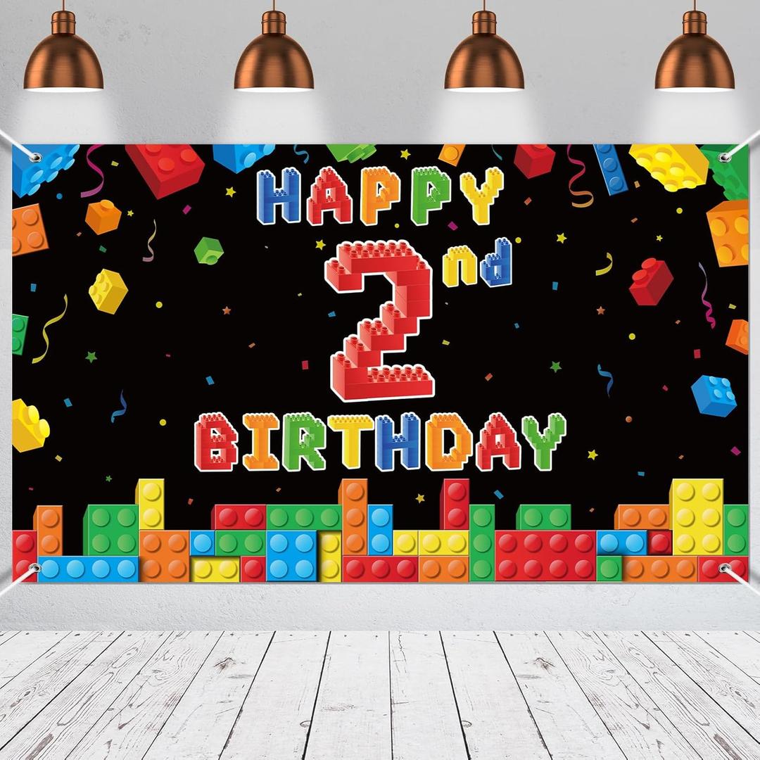Panelee Building Block Birthday Banner Building Blocks Party Backdrop Decoration Happy Birthday Banner Photography Background for Party, 72.8 x 43.3 Inch(Black,2nd)