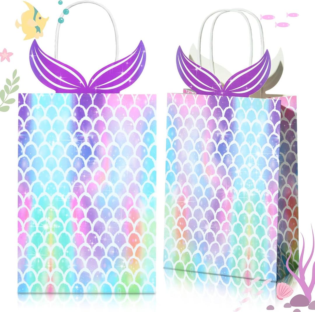 Chinco Mermaid Gift Bags Party Favors Bags Goodie Candy Treat Bags with Handle Mermaid Party Supplies for Girls Birthday Baby Shower Little Decorations(10 Pieces)
