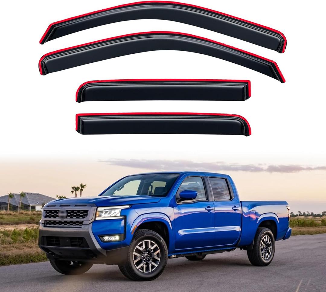 in-Channel Rain Guards for 2022-2026 Nissan Frontier Crew Cab, Window Visor Shields Vent Deflector Shade Wind Dark Smoke 2023 2024 22 23 24 25, Tape-On Outside-Mount, 4PCS
