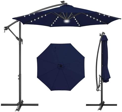 FLAME&SHADE 10ft Solar Cantilever Umbrella with 40 LED Lights, Lighted Large Offset Outdoor Patio Umbrellas, 8 Sturdy Ribs, UPF50+ UV Protection for Pool Deck Garden Yard, Navy Blue
