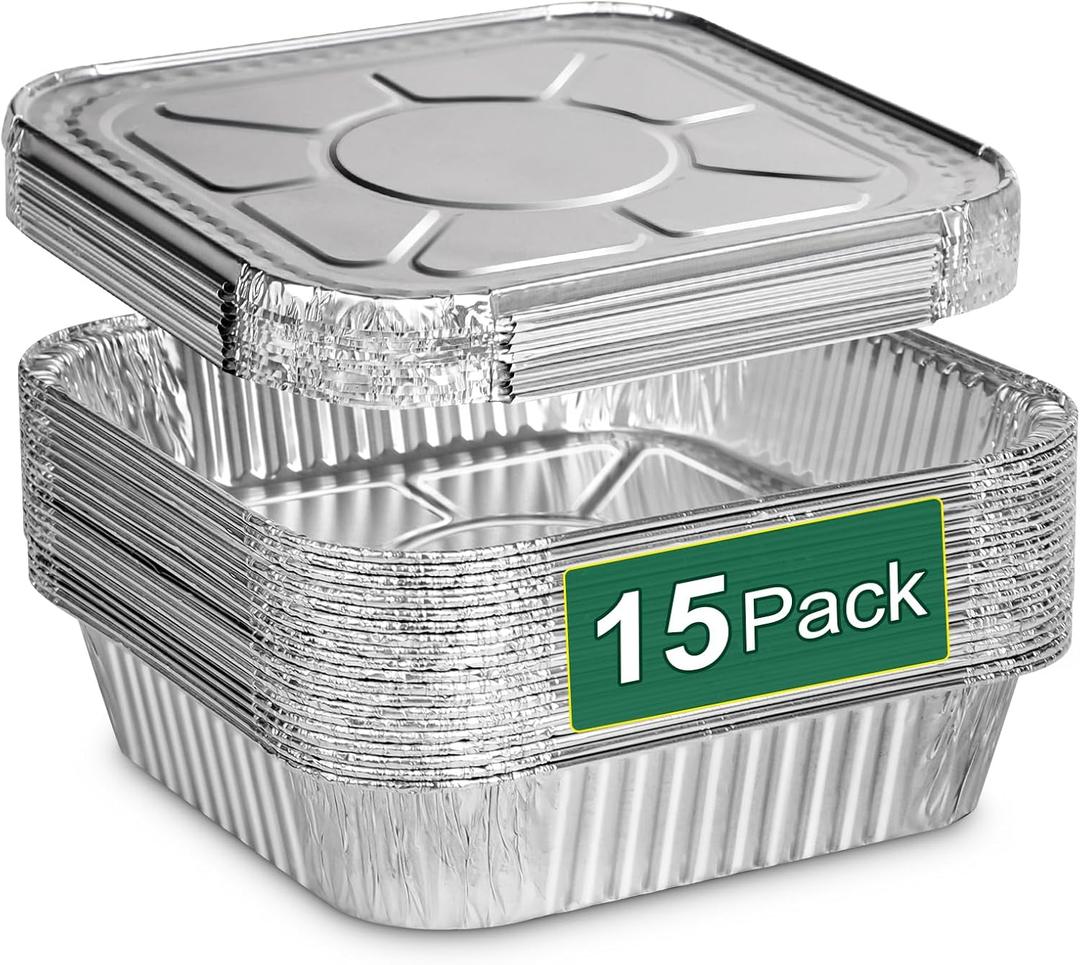 8x8 Inch Disposable Aluminum Foil Pans with Lids (15 Pack) - Heavy-Duty Baking Trays for Air Fryer, Oven- Reusable & Leakproof Design