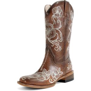 Cowboy Boots For Women Floral Embroidered Western Boots with Chunky Heel Mid Calf Broad Square Toe Cowgirl Boots for Country Music and Concert, Size: 7.5