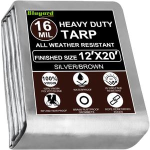 Tarp Waterproof 12x20 Ft Heavy Duty Tarp Thicker 16 Mil Large Tarps with Brass Grommets and Reinforced Edges, UV&Fade Resistant Tear Resistant Plastic Tarp for Outdoor Camping Roof Pool Tent