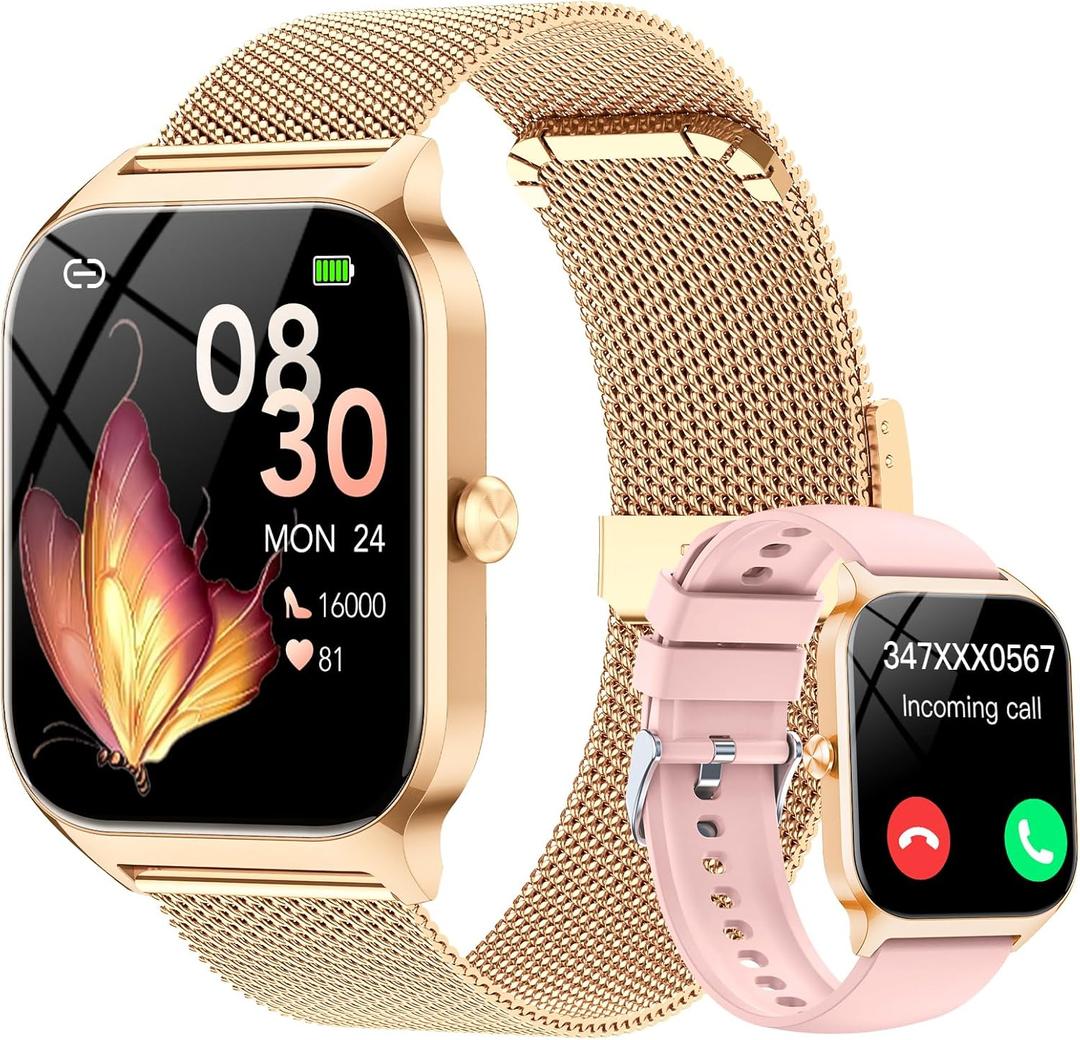 CASCHO Smart Watches for Women (Android/iOS), 1.85" HD Smart Watch with Calls/Messages/AI Voice Control, Sleep/Heart Rate, 120+ Sports Modes Fitness Tracker Watch, Gold & Pink Dual Strap