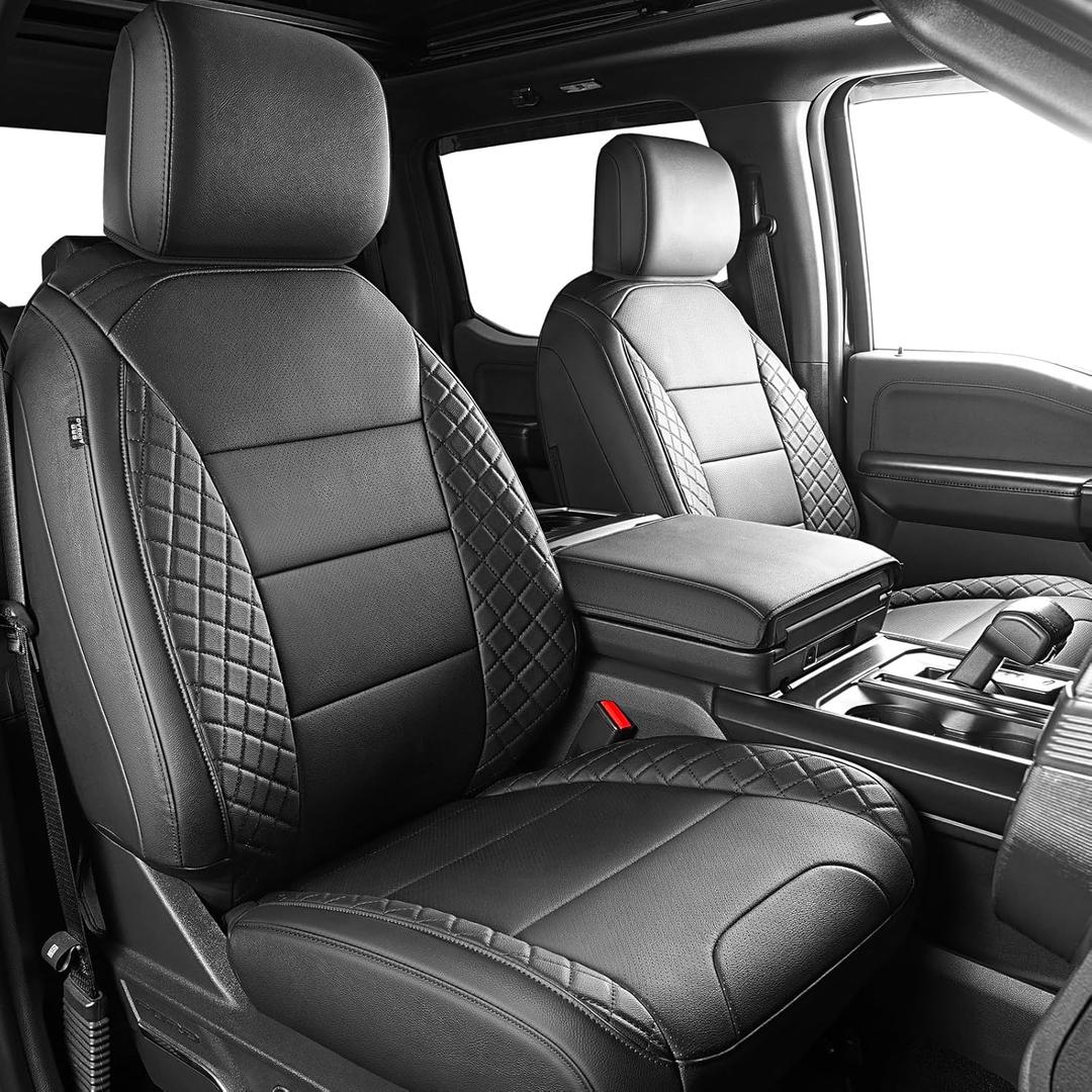 F150 Seat Covers, Custom Fit for Ford 2021-2026 F 150 XL XLT STX Super Crew Cab, 2023-2026 F250 F350 F450 XL XLT Crew Cab, Truck Seat Cover Full Set, Pickup Accessories, Leather, Black