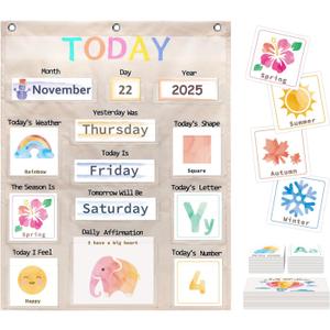 Daily Morning Board Circle Time Calendar Weather Seasons Positive Affirmations Letter Shape Number of the Day Pocket Chart,Toddler Preschool Calendar,Homeschool Morning Work Activity, Pastel Design