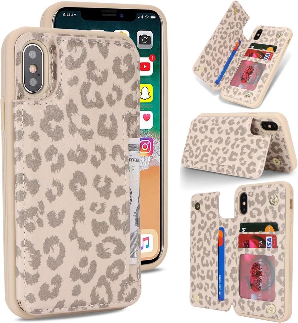 iCoverCase Compatible with iPhone X/XS Case with Card Holder, Wallet Phone Case for Women Men RFID Blocking PU Leather Protective Case 5.8 Inch (Beige Leopard)