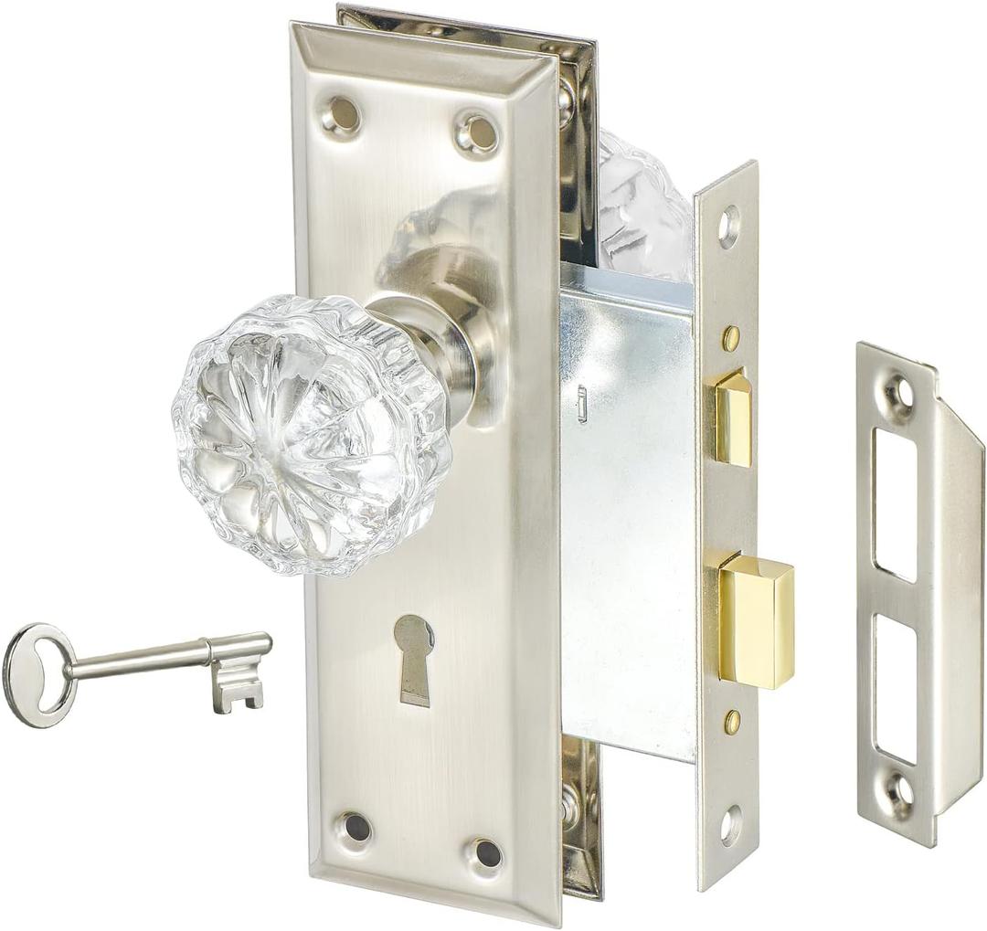 Mortise Lock Set with Crystal Glass Knob, Antique Door Knobs with Lock and Skeleton Key, Fit Interior Door, Brushed Nickel Finish