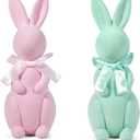 2 x Easter Bunny Decorations, Flocked Bunnies Figurine with Soft Velvet Texture, 5.5" Resin Rabbit Ornaments, Spring Decor for Home Office Table Centerpiece Gift(Green&Pink)