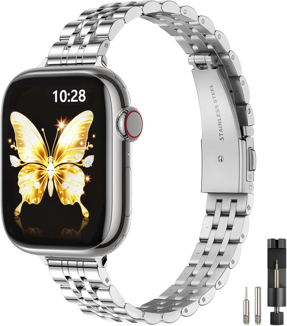 STIROLL Slim Metal Band Compatible with Apple Watch 41mm 40mm 38mm 42mm(Series 11 10) Women, Stylish Thin Stainless Steel Chain Straps for iWatch Bands Series 9 8 7 6 5 4 3 2 1 SE, Silver