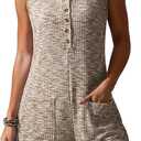 Women Casual Rompers Loose Waffle Knit Overalls One Piece Sleeveless Wide Leg Short Pant Jumpsuits With Pockets, Medium