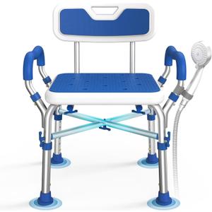 FSA/HSA Eligible Shower Chair for Inside Shower with Reinforced Crossing Bar, Heavy Duty Shower Seat 500lbs with Padded Arms and Back, Height Adjustable Shower Chair for Elderly and Disabled,  500lbs-with Back&Arm, Blue
