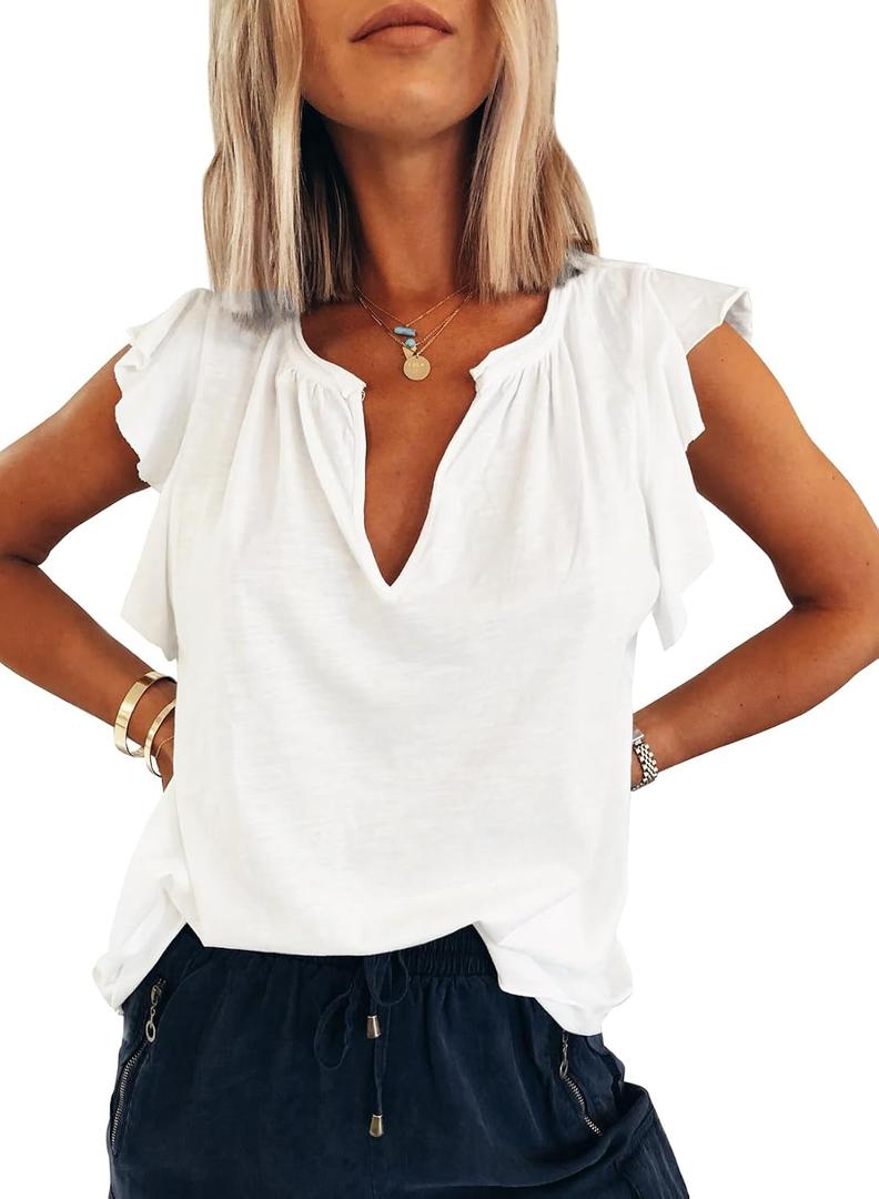 Dokotoo Women's Casual V Neck Ruffle Sleeve Summer Tank Tops Shirts (White, L)
