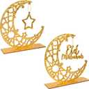 Ramadan Decorations Islamic, 2-Piece Golden Wooden Eid Mubarak Table Sign with Hollow Moon & Star, Muslim Home Party Decor for Ramadan Eid Gift, 8x7.67 Inch