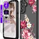for Samsung A15 5G Case with Tempered Glass Screen Protector, Galaxy A15 5G [Military Grade Protective] Slim Soft TPU & Hard PC, Girls Women Crystal Clear Flower Pattern Cases-Black (Golden Shield Flower Series-Black)