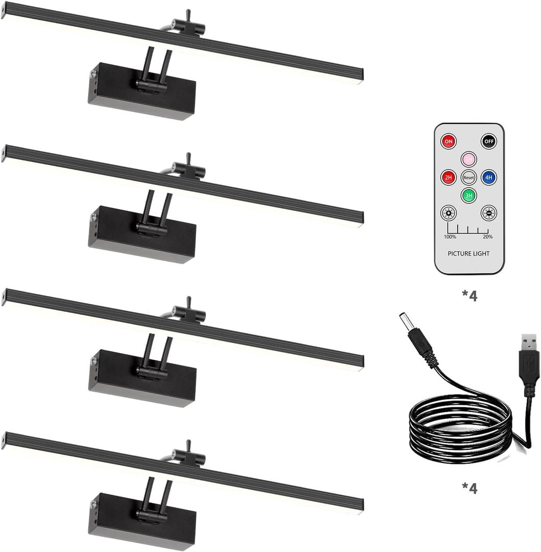 4 Pack Battery Picture Lights, 5200mAh Rechargeable Picture Lights with Remote Timer & Dimmable, CRI95+ 16" Adjustable Art Light for Paintings Display, Frame, Gallery, Wall Art Accent Light, Black