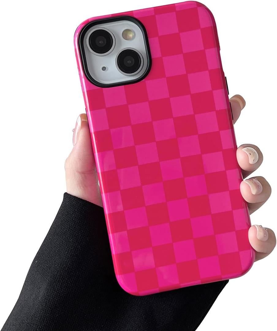 Compatible with iPhone 15 Case, Cute Aesthetic Fashion Colorful Checkered Cover for Women, Shockproof Slim Soft TPU and Hard PC Protective Phone Case for iPhone 15 6.1"- Hot Pink