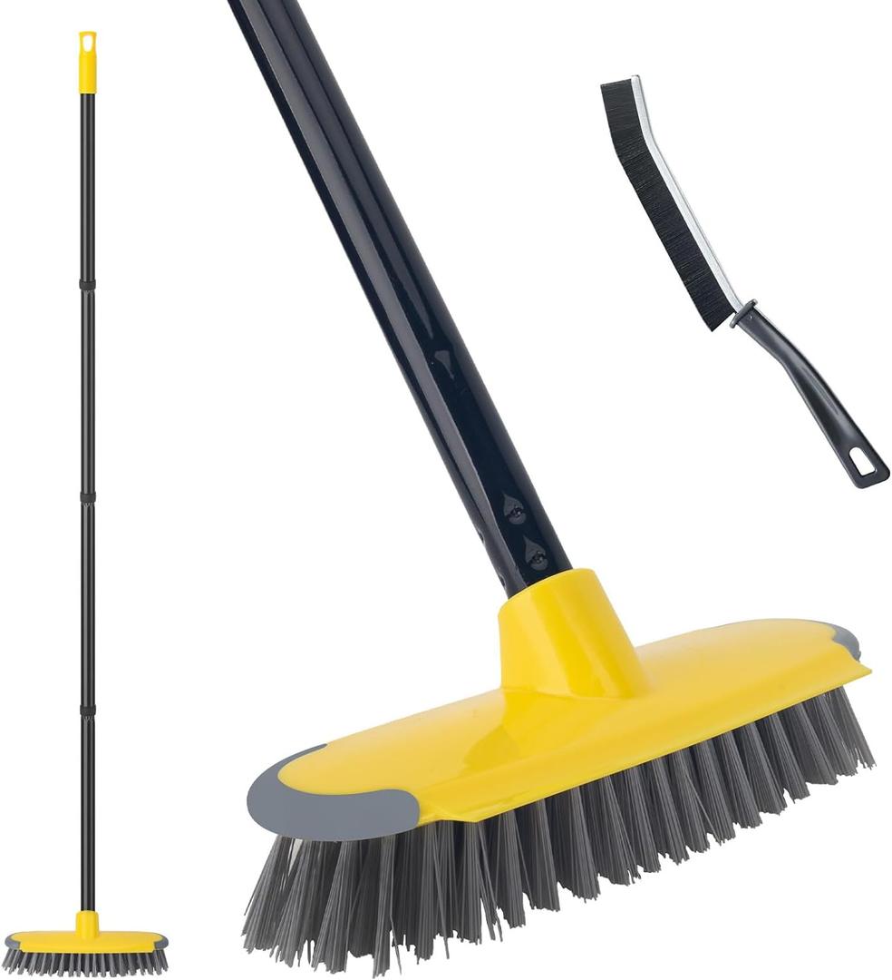 Deck Brush with Long Handle, Floor Scrub Broom for Shower, 50'' Outdoor Scrubber for Carpet, Boat, Patio, Garage, Concrete Cleaning (Yellow)