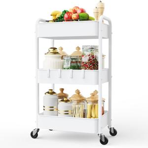 LEHOM 3 Tier Rolling Storage Cart, Metal Trolley Utility Cart with Wheels & Hooks, Easy Assembly Organizer Storage Cart for Bathroom Kitchen Office Bedroom White