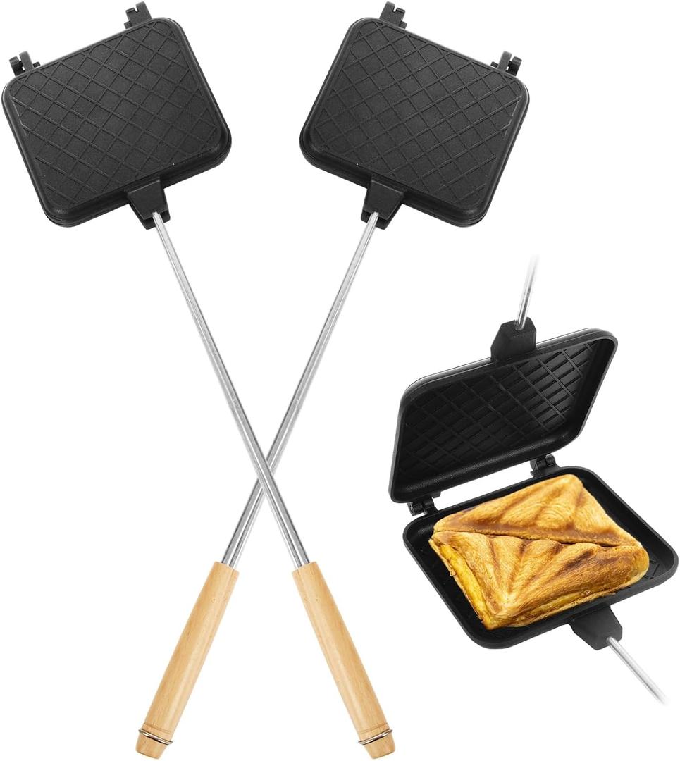 2PCS Campfire Sandwich Maker with Removable Long Handle, Non-Stick Pie Iron Sandwich Toaster, 23.6" Length Cast Aluminum Toaster for Home BBQ Camping Grilling Outdoor Cooking