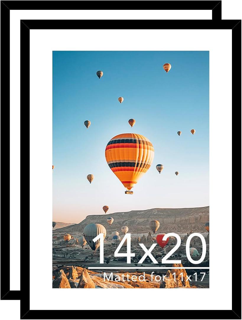 JCJMY 14x20 Picture Frame Set of 2 with 11x17 Mat, Display Photo 11x17 with Mat or 14 x 20 Without Mat, Wall Hanging Large 14 by 20 Poster Frame with Plexiglass, 2 Pack, Black