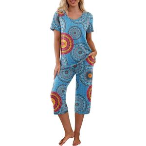 PrinStory Women's Pajama Set Short Sleeve Shirt and Capri Pants Sleepwear Pjs Sets with Pockets (XXL)