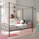 DHP Metal Canopy Kids Platform Bed with Four Poster Design, Scrollwork Headboard and Footboard, Underbed Storage Space, No Box Sring Needed, Twin, Pewter