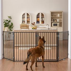 No Pawblems Free Standing Dog Gate with Door, 36'' Tall Foldable Dog Fence for Indoor & Outdoor, Up to 104 Inch Extra Wide Puppy Gate for Stairs, Hallways, Doorways, Deck, Yard (Black, 4 Panels)