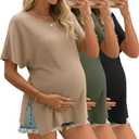 Riyiper 3 Pack Women's Maternity Tunic Shirts Cotton Summer Pregnancy Clothes Loose Oversized Split Side Blouse Tops (Medium, Khaki, Army Green, Black)