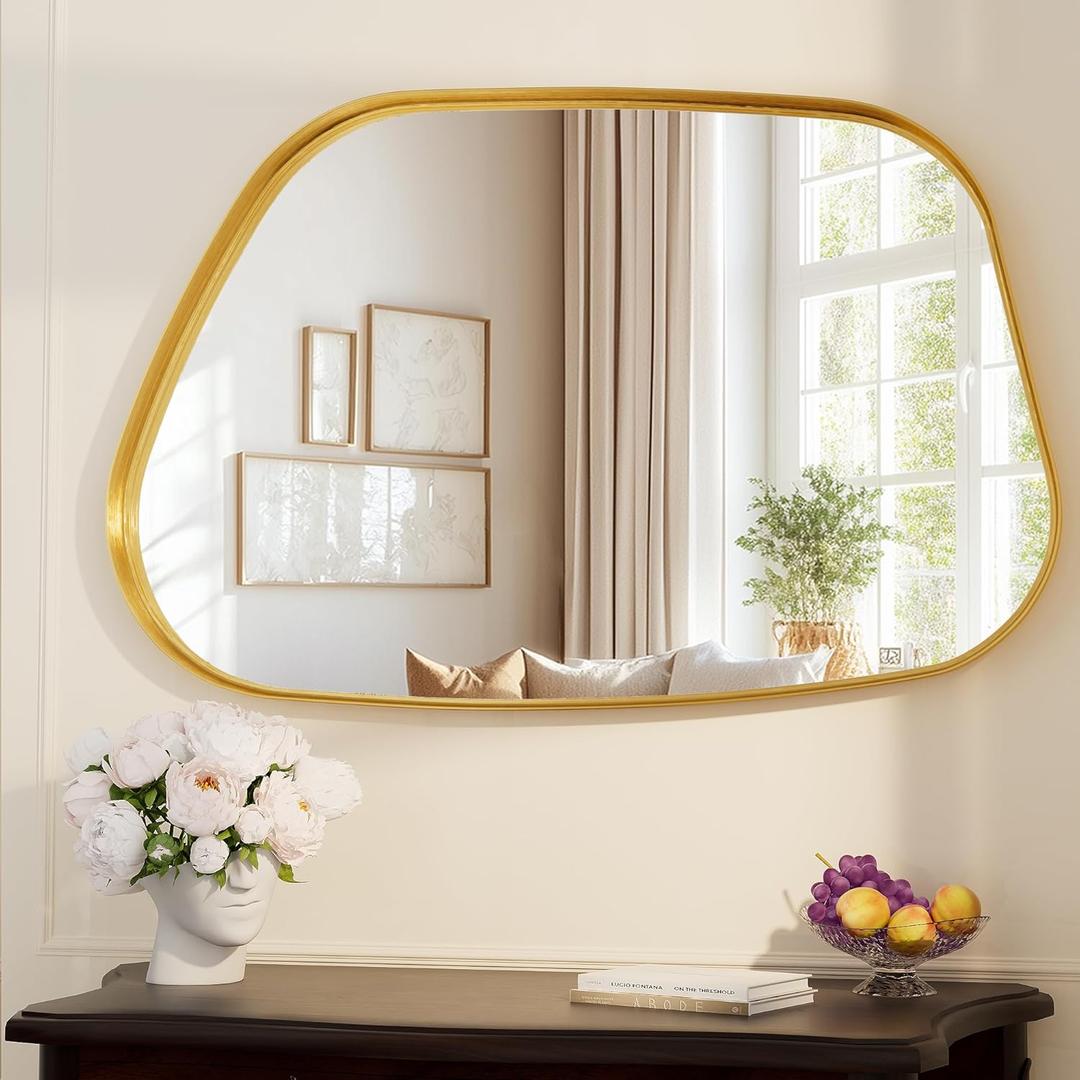 Irregular Wall Mirror 26"x40" Bathroom Mirrors Asymmetrical Artistic Decorative for Living Room Bedroom Bathroom Hallway Entryway,Trapezoid,Gold