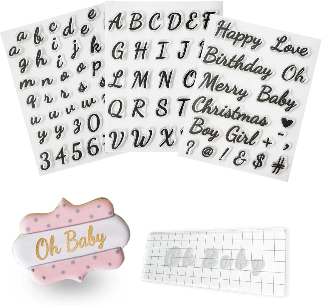 4PCS Alphabet Cake Stamps Tool for Fondant Cookie Biscuit, Pretty Handwriting Food Grade Fondant Letter Stamp Uppercase Lowercase Numbers Words Reusable Cookie Stamp for Christmas Party