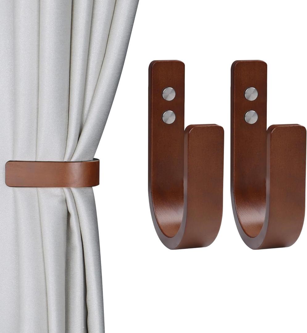 OCIOLI 2 Set Curtain Tiebacks & Holdbacks - Natural Wood Wall-Mounted U-Shaped Hooks with Stainless Steel Screws, Durable Curtain Tie Backs, Pull Backs for Drapery & Window Decor (Coffee, 2)